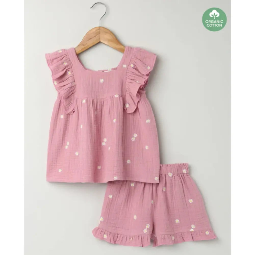 Sweetlime By AS Pink Floral Embroidery Organic Cotton Co-ord Set - Pink