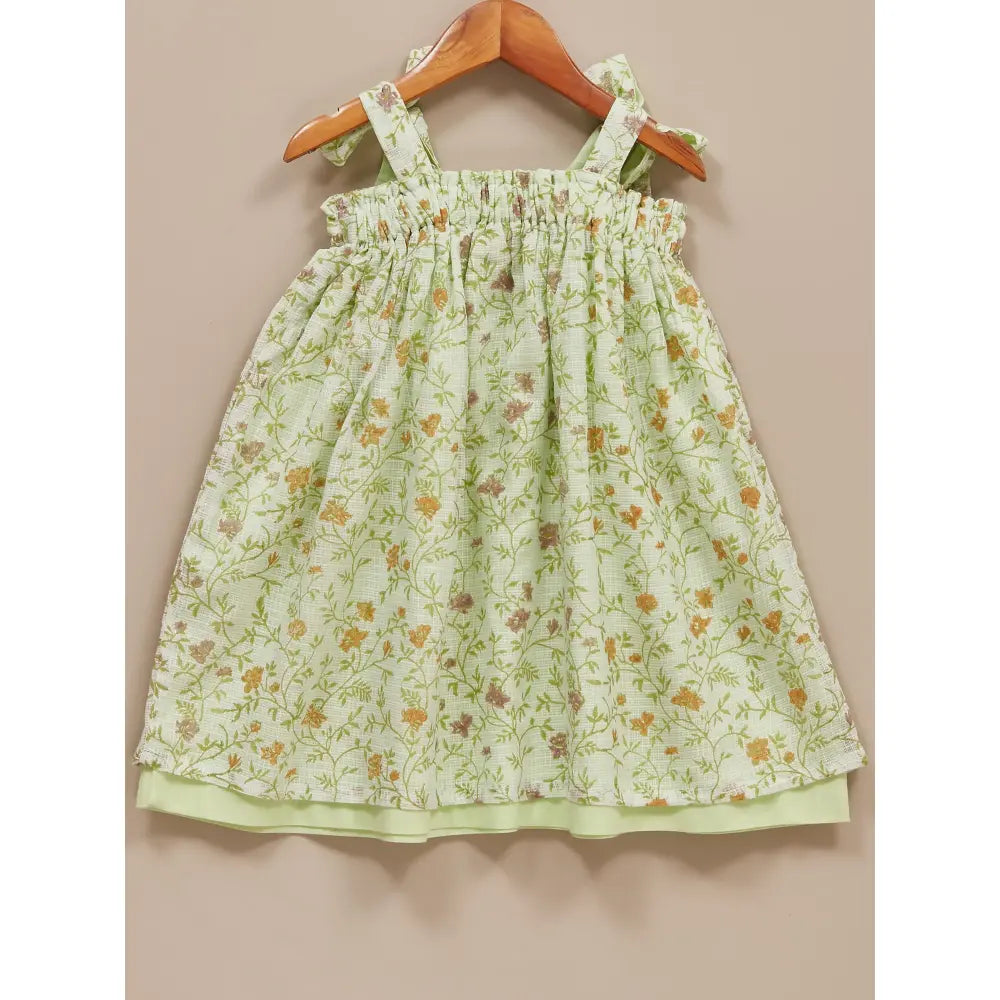 Liz Jacob Girls Green Kota Cotton Blockprinted Dress | Fern Hill