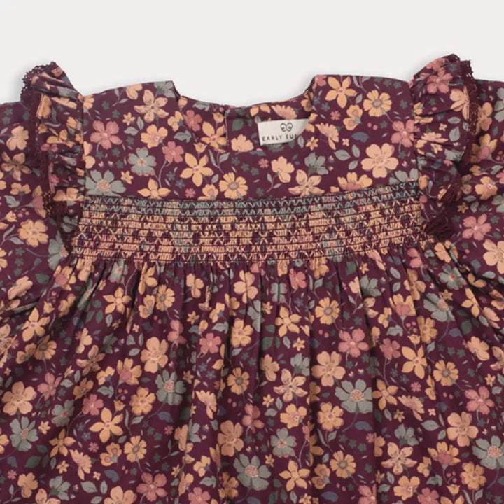 Early Sunday Ellie Baby Dress &amp; Bloomer Set - Garden Flowers Plum