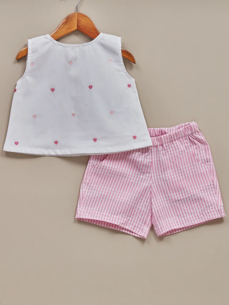Liz Jacob Girls | Pink Machine Embroidered Cotton Co-ords| Pink Hearts