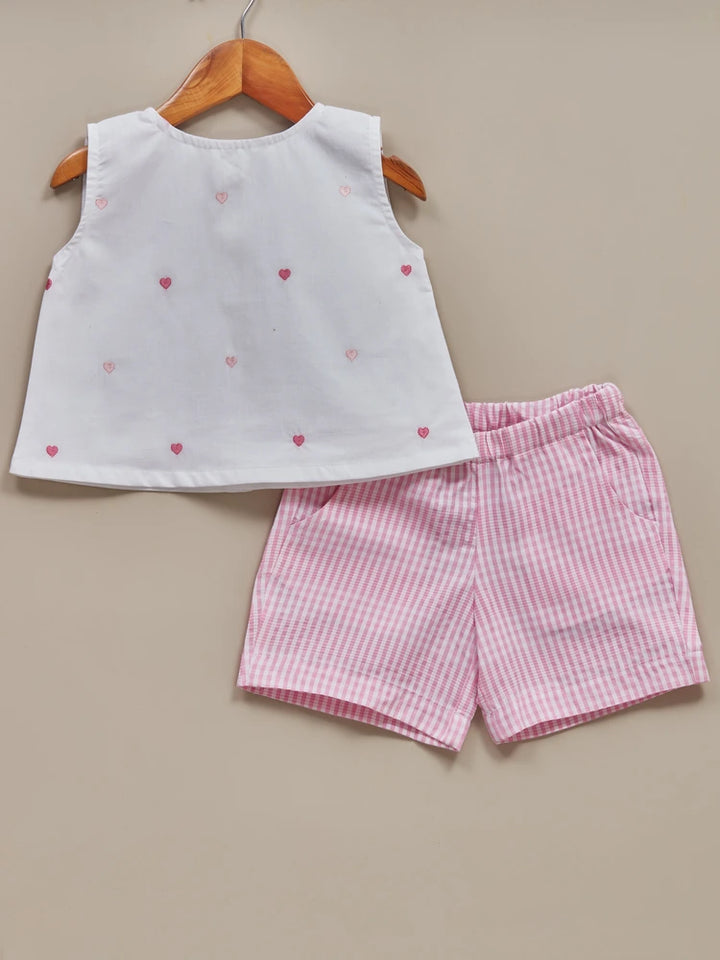 Liz Jacob Girls | Pink Machine Embroidered Cotton Co-ords| Pink Hearts