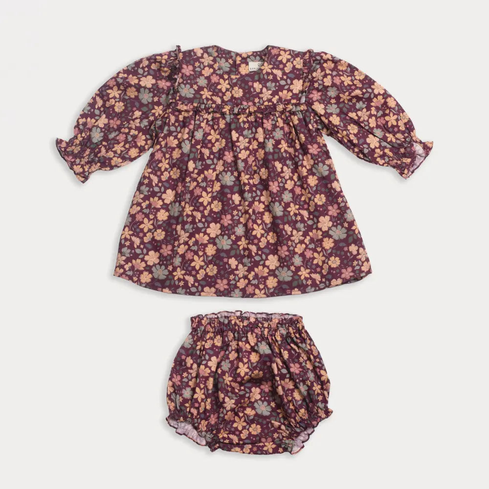 Early Sunday Lottie Baby Dress &amp; Bloomer Set - Garden Flowers Plum