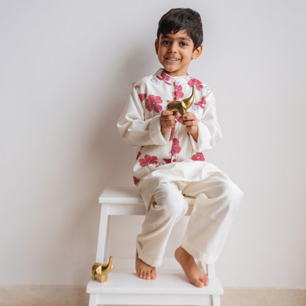 Dulaar Chanderi Kurta Pyjama Bandi Set - Poppy Fields Ruby