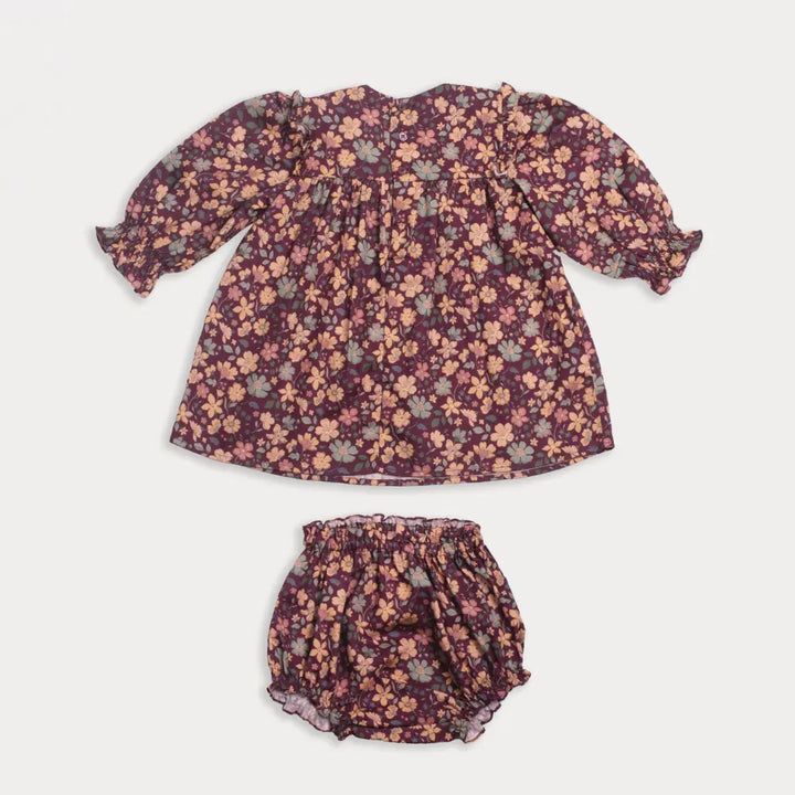 Early Sunday Lottie Baby Dress &amp; Bloomer Set - Garden Flowers Plum