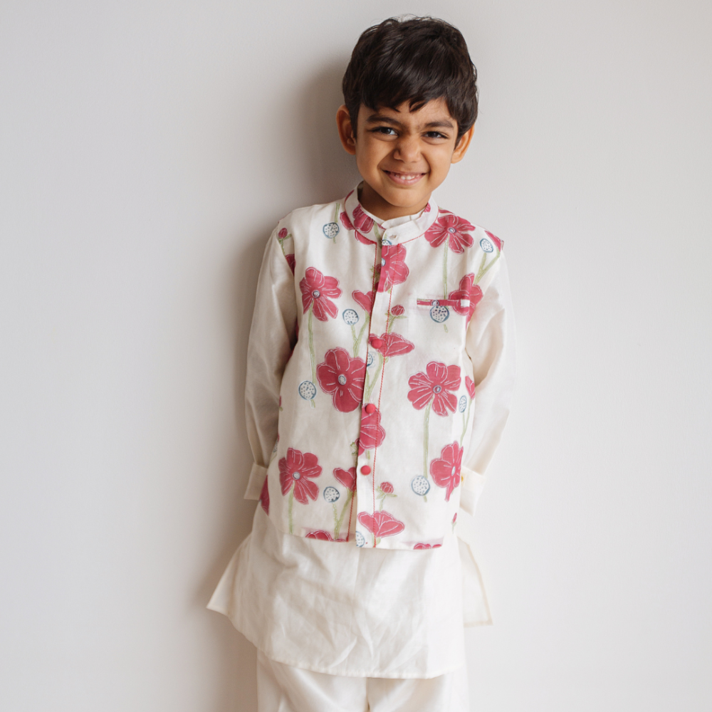 Dulaar Chanderi Kurta Pyjama Bandi Set - Poppy Fields Ruby