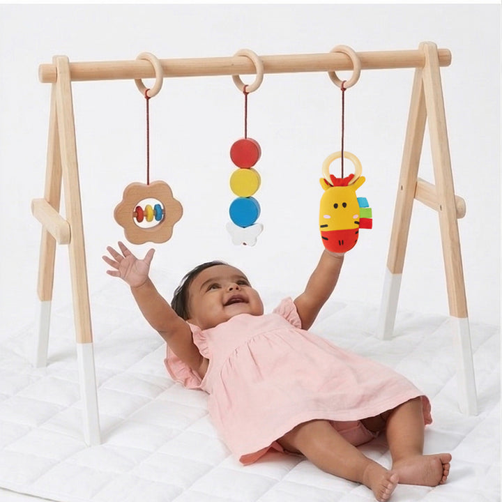 Shumee Wooden Montessori Baby Play Gym | Foldable Neem Wood Activity Gym with 3 Hanging Sensory Toys | Infant Development Toy | 0+ Months
