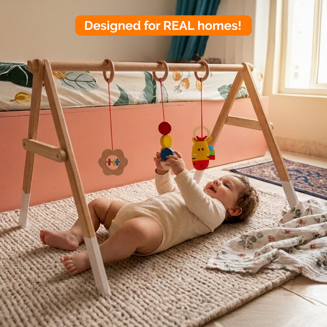 Shumee Wooden Montessori Baby Play Gym | Foldable Neem Wood Activity Gym with 3 Hanging Sensory Toys | Infant Development Toy | 0+ Months