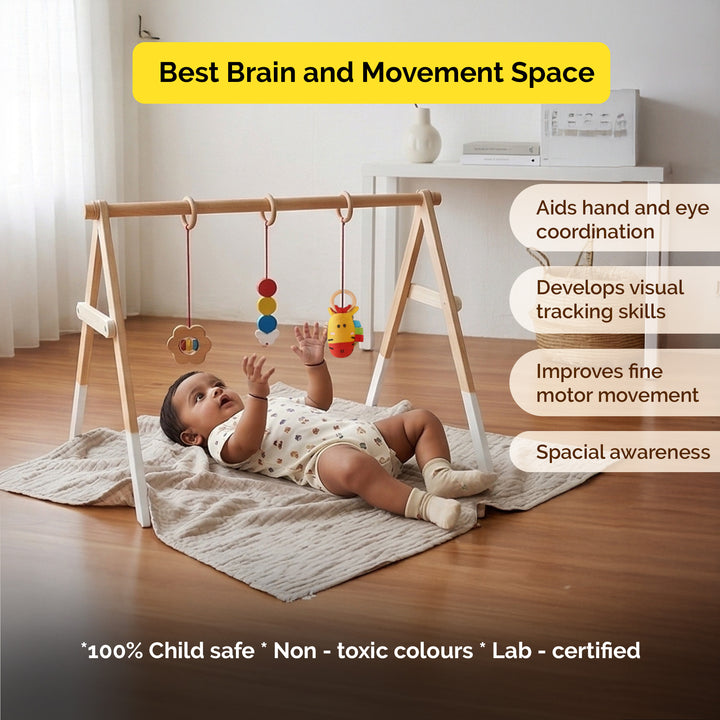 Shumee Wooden Montessori Baby Play Gym | Foldable Neem Wood Activity Gym with 3 Hanging Sensory Toys | Infant Development Toy | 0+ Months
