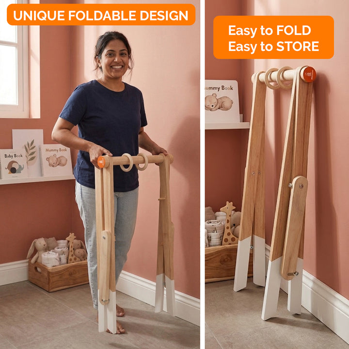 Shumee Wooden Montessori Baby Play Gym | Foldable Neem Wood Activity Gym with 3 Hanging Sensory Toys | Infant Development Toy | 0+ Months