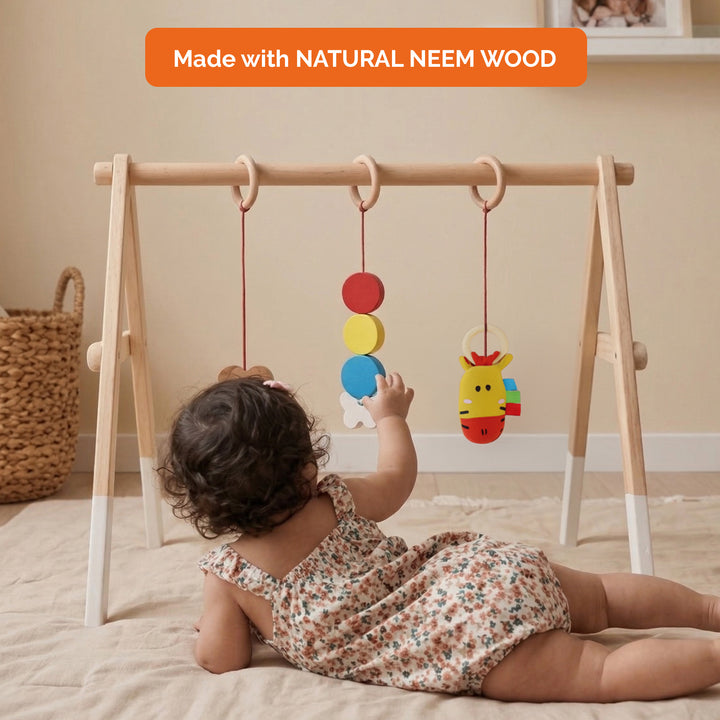 Shumee Wooden Montessori Baby Play Gym | Foldable Neem Wood Activity Gym with 3 Hanging Sensory Toys | Infant Development Toy | 0+ Months