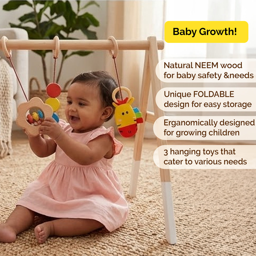 Shumee Wooden Montessori Baby Play Gym | Foldable Neem Wood Activity Gym with 3 Hanging Sensory Toys | Infant Development Toy | 0+ Months
