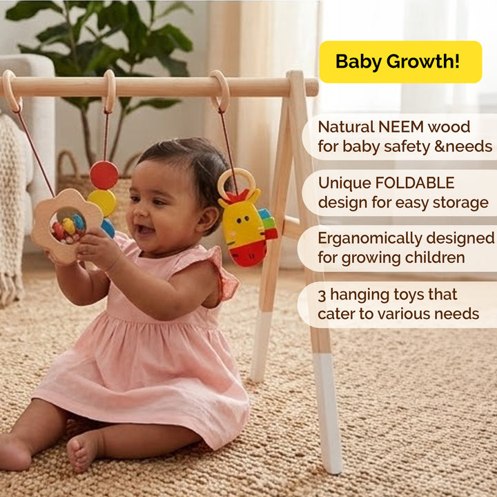 Shumee Wooden Montessori Baby Play Gym | Foldable Neem Wood Activity Gym with 3 Hanging Sensory Toys | Infant Development Toy | 0+ Months