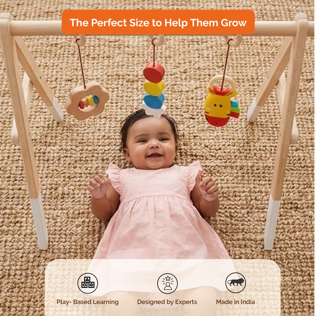 Shumee Wooden Montessori Baby Play Gym | Foldable Neem Wood Activity Gym with 3 Hanging Sensory Toys | Infant Development Toy | 0+ Months