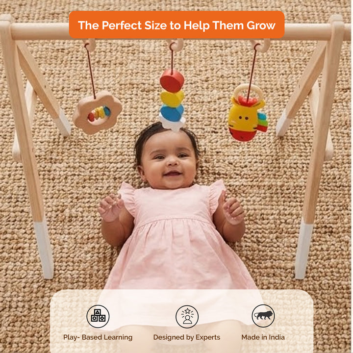 Shumee Wooden Montessori Baby Play Gym | Foldable Neem Wood Activity Gym with 3 Hanging Sensory Toys | Infant Development Toy | 0+ Months