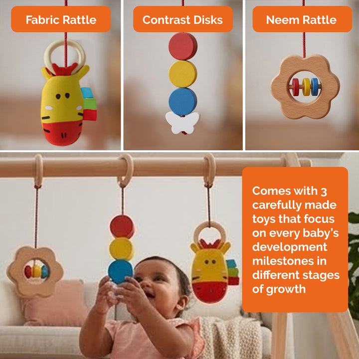 Shumee Wooden Montessori Baby Play Gym | Foldable Neem Wood Activity Gym with 3 Hanging Sensory Toys | Infant Development Toy | 0+ Months