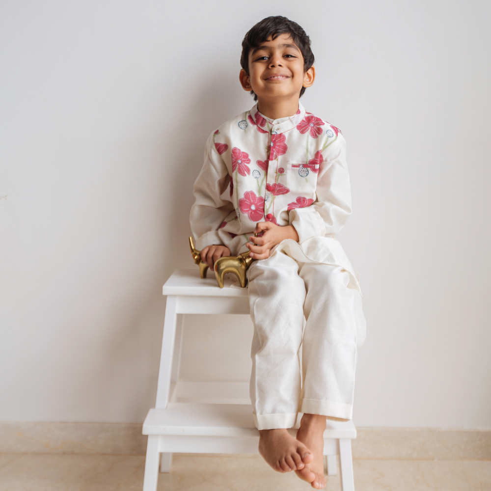 Dulaar Chanderi Kurta Pyjama Bandi Set - Poppy Fields Ruby