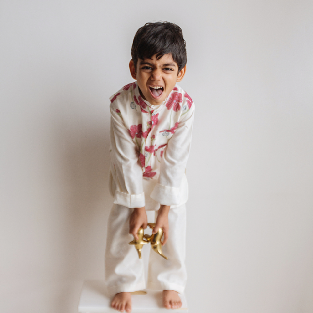 Dulaar Chanderi Kurta Pyjama Bandi Set - Poppy Fields Ruby