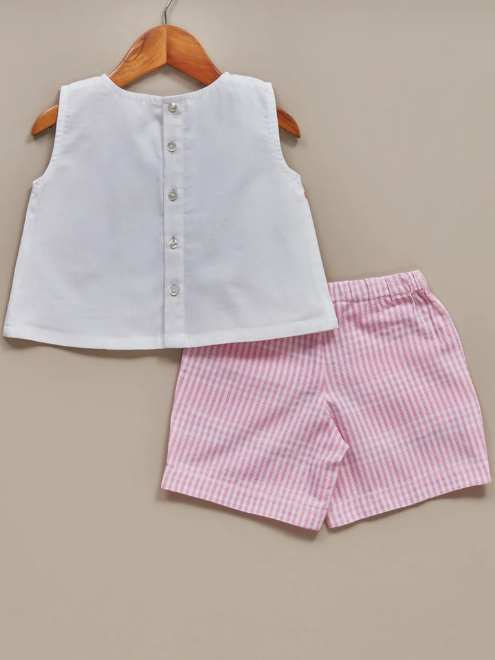 Liz Jacob Girls | Pink Machine Embroidered Cotton Co-ords| Pink Hearts