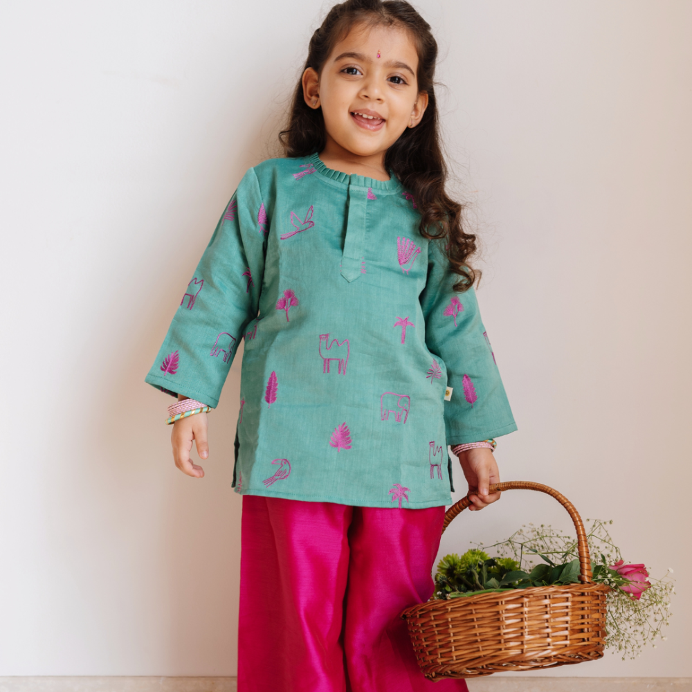 Dulaar Chanderi Kurti Pant  Set - Magical Jungle