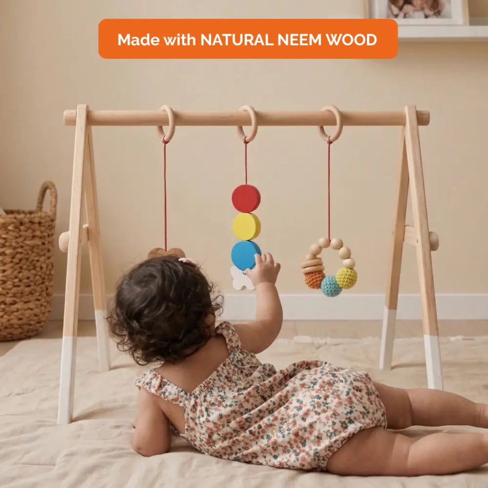 Shumee Wooden Montessori Baby Play Gym | Foldable Neem Wood Activity Gym with 3 Hanging Sensory Toys | Infant Development Toy | 0+ Months
