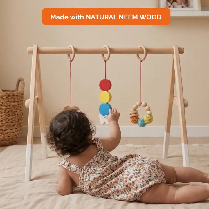Shumee Wooden Montessori Baby Play Gym | Foldable Neem Wood Activity Gym with 3 Hanging Sensory Toys | Infant Development Toy | 0+ Months