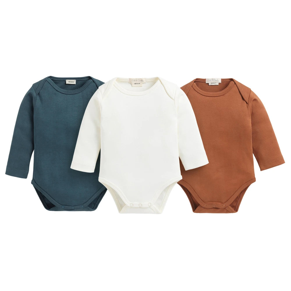 Cot &amp; Candy Baby Organic Full Sleeve Envelope Bodysuit Pack Of 3 - Star Gazer + Bombay Brown + Snow White