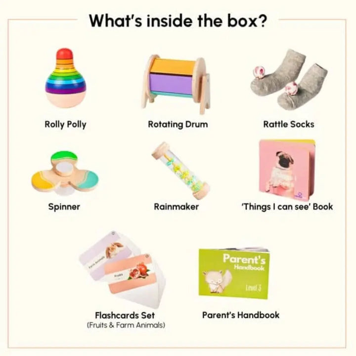 Curious Cub Montessori Box 3 | 8-Piece Tummy Time &amp; Motor Skill Toy Set | Rainmaker, Flashcards &amp; More | 5+ Months