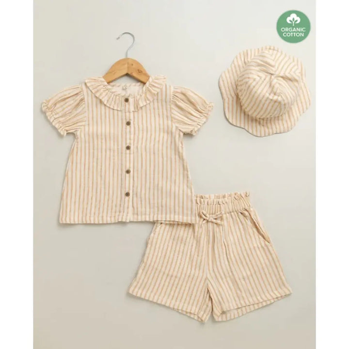 Sweetlime By AS Baby Girls Honey Stripe Organic Cotton Co-ord Set with a Hat - Beige