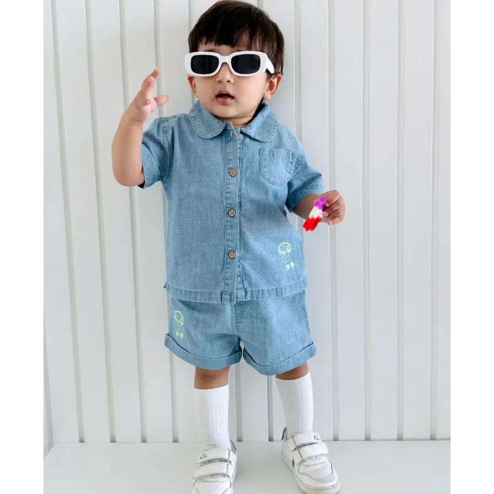 Sweetlime By AS Cotton Denim Shirt &amp; Shorts Co-ord Set - Blue