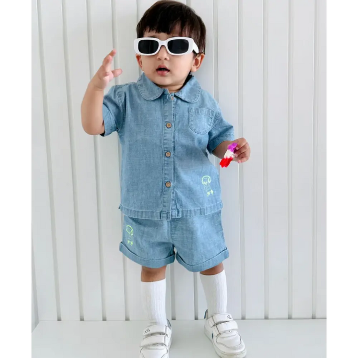 Sweetlime By AS Cotton Denim Shirt &amp; Shorts Co-ord Set - Blue