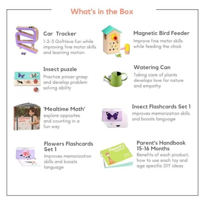 Curious Cub Montessori Box 8 | 8-Piece Wooden Toddler Toy Kit | Car Tracker, Bird Feeder &amp; More | 16+ Months