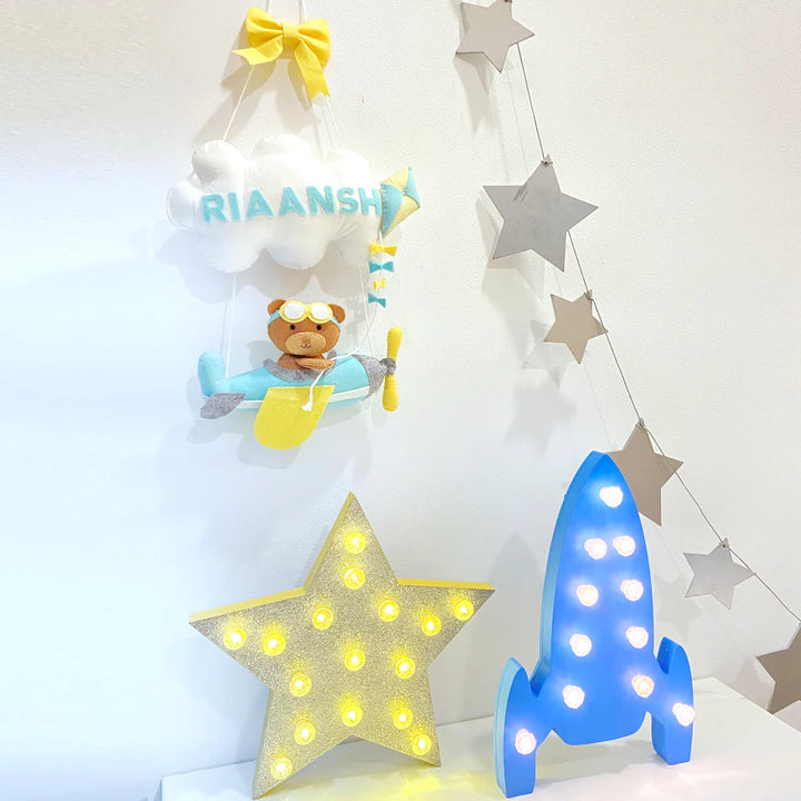 GWD Kids Teddy On An Airplane - Personalised Wall Hanging - Dark Blue