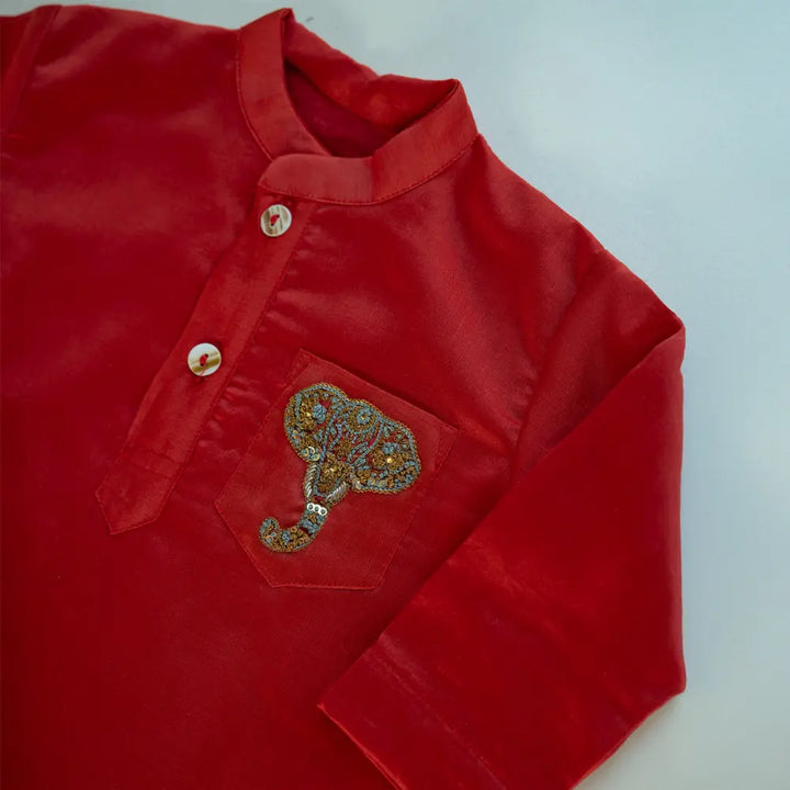 PureCloth.Co Royal Elephant | Boys Silk Kurta Pyjama Red