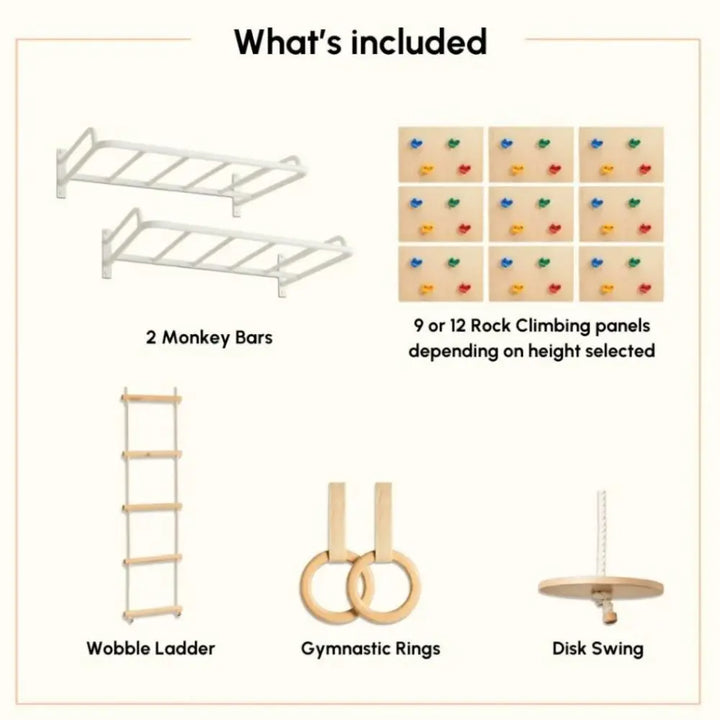 Curious Cub Ultimate Jungle Gym 1 | 5 Components - Monkey Bar, Rock Climbing Panels, Wobble Ladder, Gymnastic Rings, Swing | Ages 4-15 Years