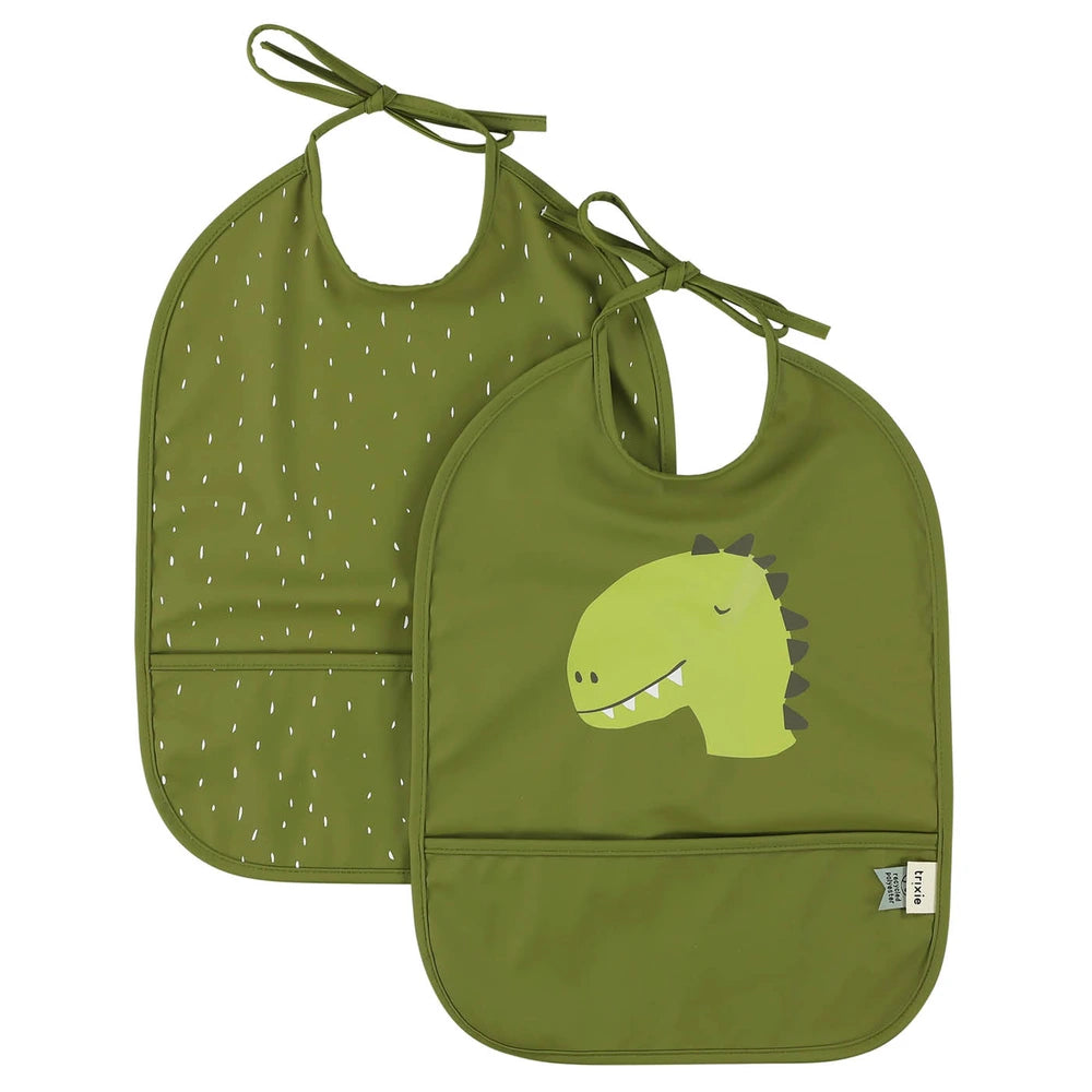 Trixie Waterproof Baby Bib Set | 2-Pack Feeding Bibs with Food Catcher Pocket, Adjustable Closure &amp; Easy-Clean Design | 3 Months Onwards | Mr. Dino