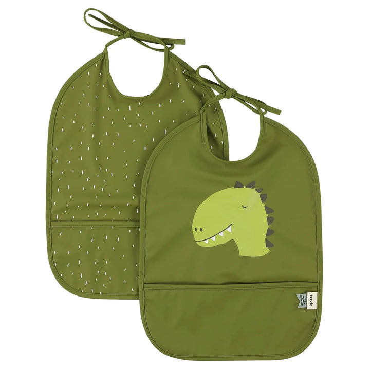 Trixie Waterproof Baby Bib Set | 2-Pack Feeding Bibs with Food Catcher Pocket, Adjustable Closure &amp; Easy-Clean Design | 3 Months Onwards | Mr. Dino