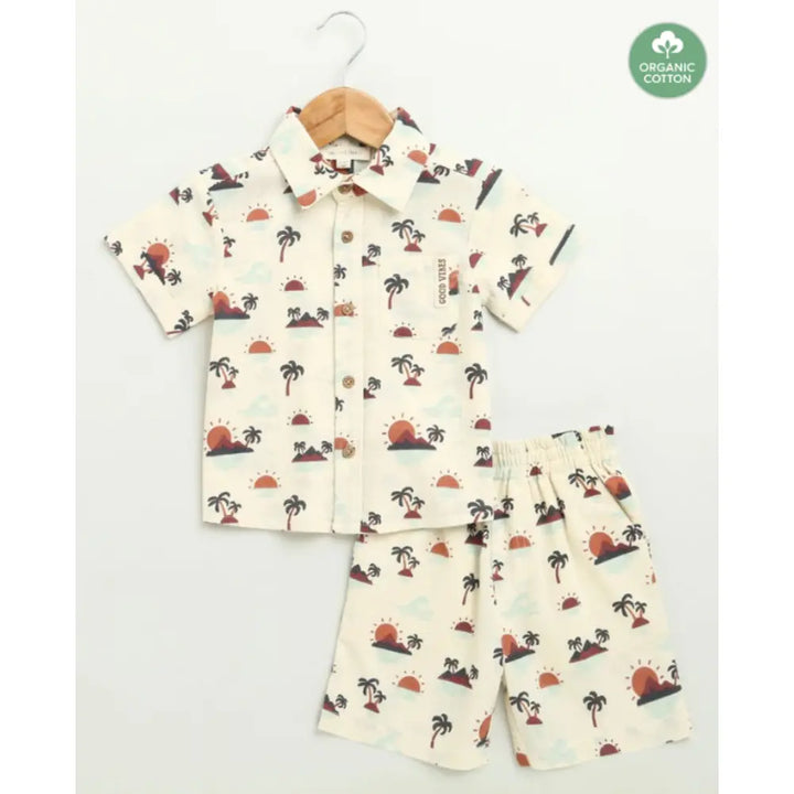 Sweetlime By AS Sunset Print Cotton Linen Co-ord Set - Beige