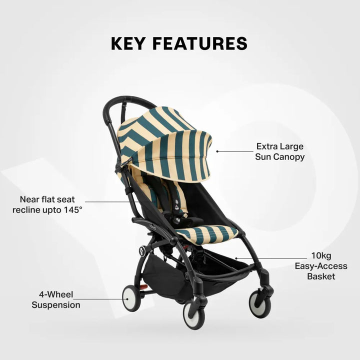 Stokke YOYO3 Riviera Stroller - Limited Edition Summer Collection | Includes Matching Seat Cushion, Canopy &amp; Parasol | Cabin Friendly Ultra Compact Fold | UPF 50+ Sun Protection | Lightweight at 6.7 kg | 6 Months to 4 Years - Black/Monaco