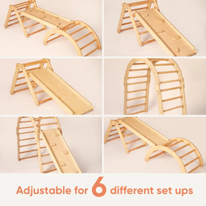 Curious Cub Transformable Pikler Triangle | Montessori Style climbing area including slide, pikler climbing triangle and arch ramp | Ages 1-6 Yrs