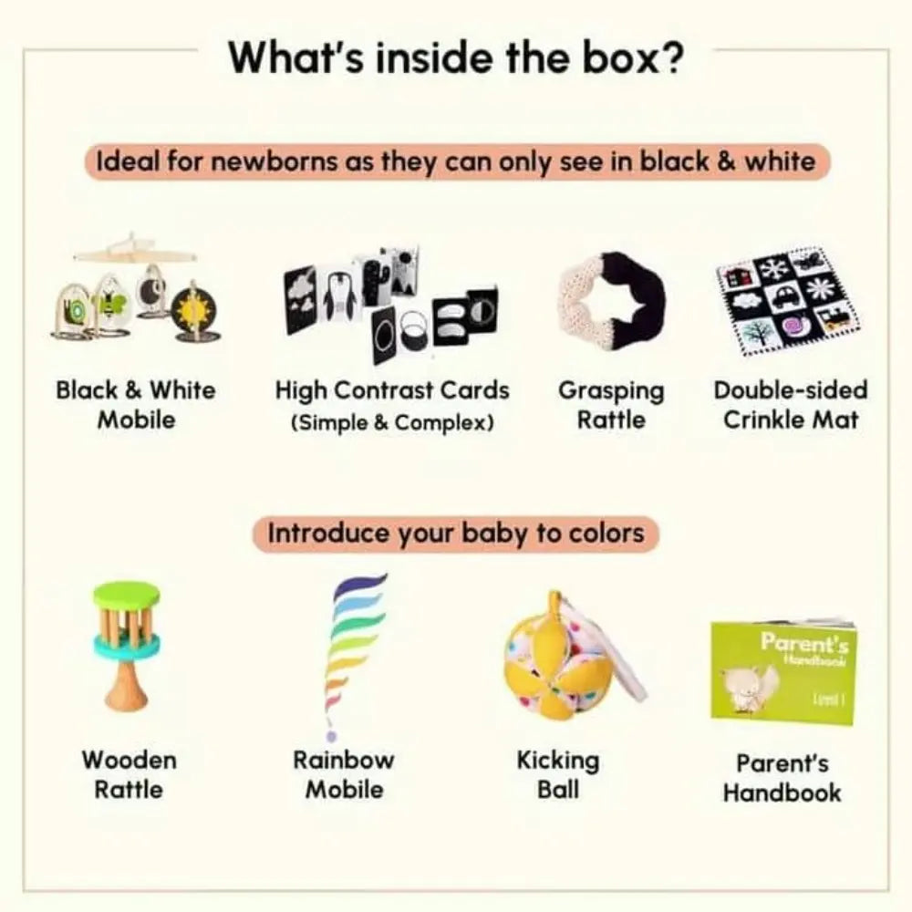 Curious Cub Montessori Box 1 | Newborn Sensory &amp; Learning Toys | Black &amp; White Mobile, Rattle &amp; More | For 0 Months +