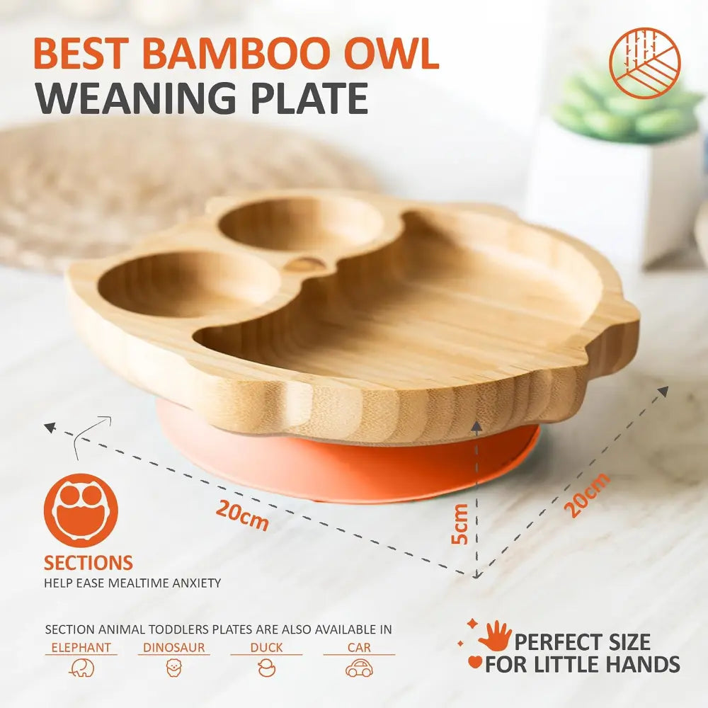 Eco Rascals Bamboo Owl Shaped Plate - Baby Led Weaning, 3 Section Plate - Non Toxic, Natural Bamboo with Strong Suction, FDA Approved, 100% Silicone Suction Bases, BPA-PVC Free - Orange