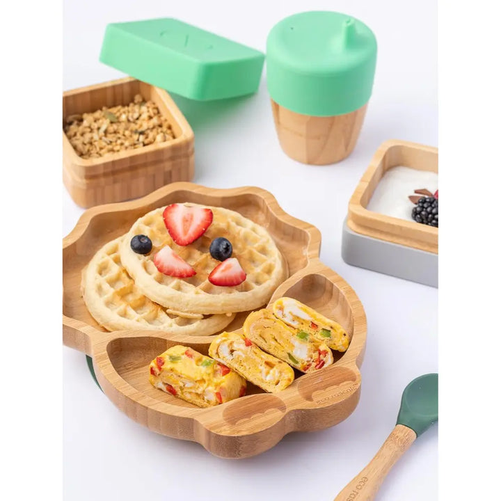 Eco Rascals Bamboo Dinosaur Shaped Plate - Baby Led Weaning, 2 Section Plate - Non Toxic, Natural Bamboo with Strong Suction, FDA Approved, 100% Silicone Suction Bases, BPA-PVC Free - Green