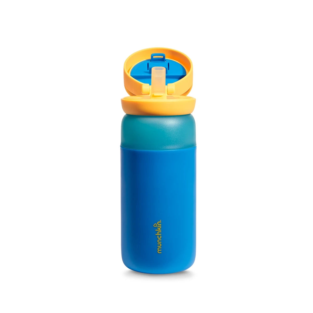Munchkin Stay Cool Insulated Water Bottle, 355ml/ 12oz, Toddler Straw Bottle, With Flip Flop Lid &amp; Carrying Handle, Spill Proof valve, 24+ Months - Blue