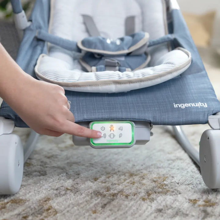 Ingenuity Happy Belly Rock-to-Bounce Baby Massage Seat with Soothing Vibrations, Music &amp; Belly Massage Technology, 0-6 months,  Chambray