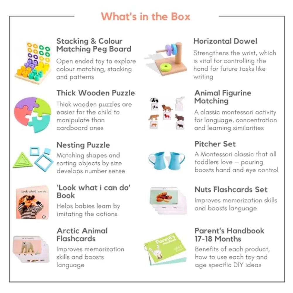 Curious Cub Montessori Box 9 | 8-Piece Toddler Activity Set | Peg Board, Nesting Puzzle &amp; Figurines | 19+ Months