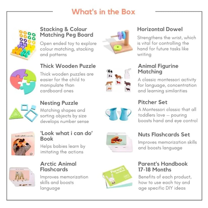 Curious Cub Montessori Box 9 | 8-Piece Toddler Activity Set | Peg Board, Nesting Puzzle &amp; Figurines | 19+ Months