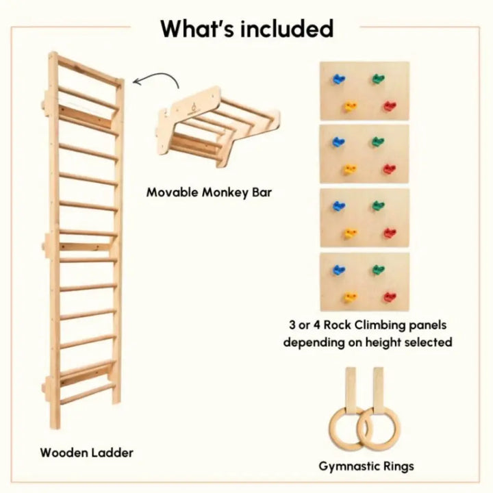 Curious Cub Space Saver Jungle Gym 1 | 4 Components - Wooden Ladder, Moveable Monkey Bar, Rock Climbing, Gymnastic Rings | Ages 4-15 Years