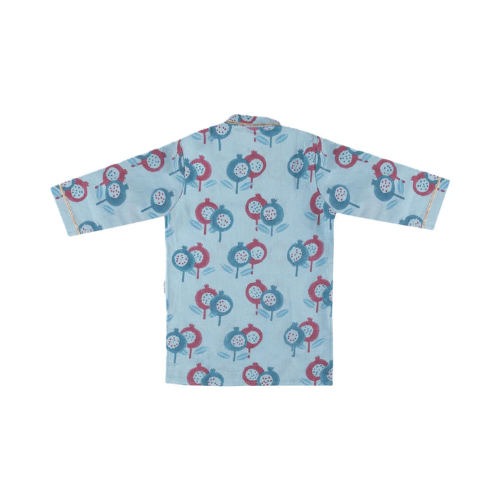Dulaar Cotton Kurta Pyjama Set for Boys | Hand-Block Printed (Gota Work)-Gardens of Anar (Blue Teal)