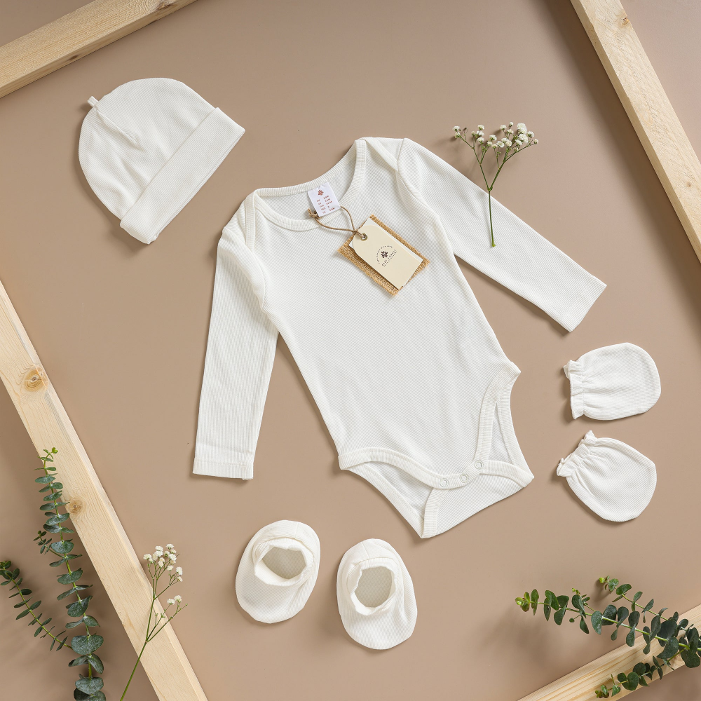 Baby Forest Poshaak Baby Bodysuit Set (Full Sleeves) With Cap, Mittens & Booties - Pearl White