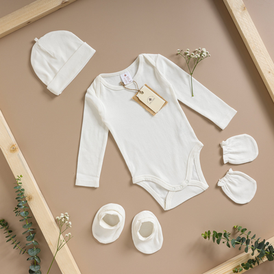 Baby Forest Poshaak Baby Bodysuit Set (Full Sleeves) With Cap, Mittens & Booties - Pearl White